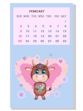 Takvim 2021. Şubat ayı için şirin boğa ve inek.