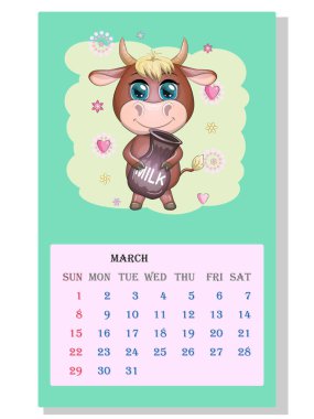 Takvim 2021. Mart ayı için şirin boğa ve inek