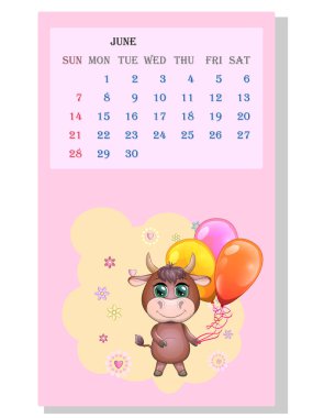 Takvim 2021. Haziran için şirin boğa ve inek