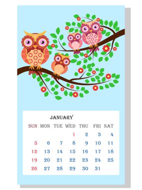 Takvim 2021. Ocak ayı için sevimli baykuşlar ve kuşlar.