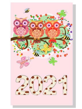 Takvim 2021. Saklanmak için sevimli baykuşlar ve kuşlar..