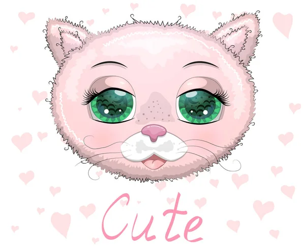 Cute Cartoon Pink Kitten Face Flovers Background — Stock Vector