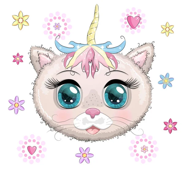 Wajah Lucu Kartun Merah Muda Kucing Latar Belakang Flovers - Stok Vektor