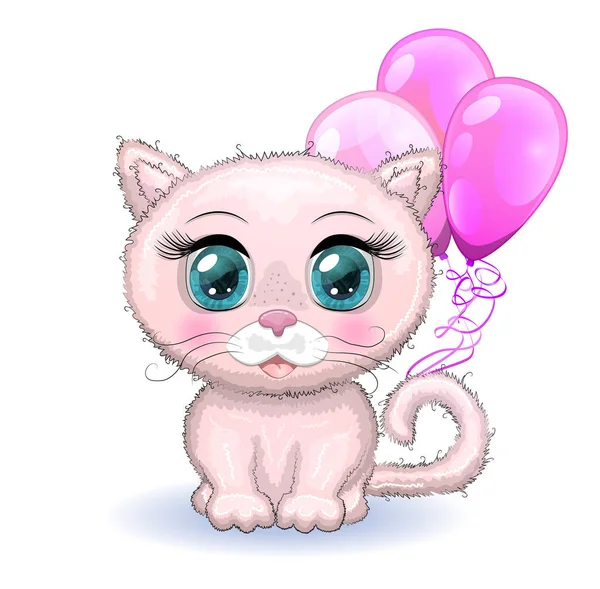 Lindo Gato Rosa Dibujos Animados Gatito Sobre Fondo Flores Sostiene — Vector de stock