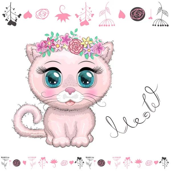 かわいい漫画ピンクの猫 花の背景に子猫 — ストックベクタ