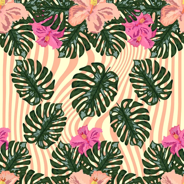 Patrón Exótico Sin Costuras Con Hojas Tropicales Flores Sobre Fondo — Archivo Imágenes Vectoriales