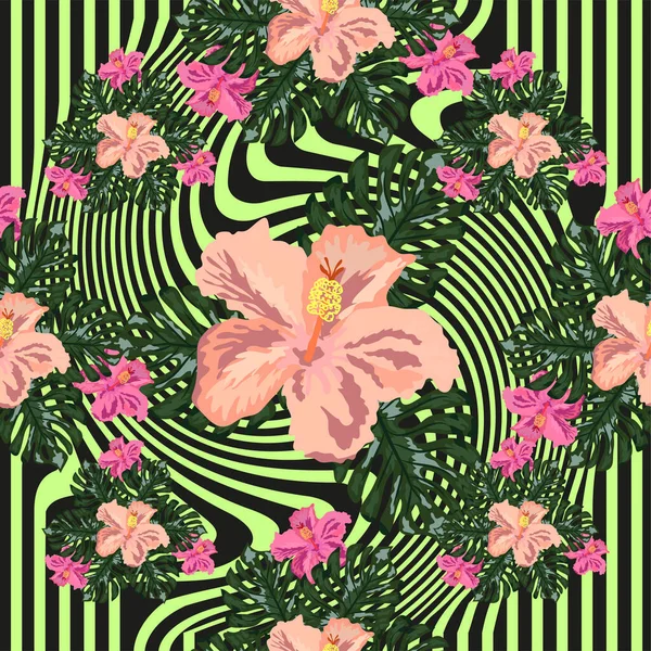 Motif Exotique Sans Couture Avec Des Feuilles Tropicales Des Fleurs — Image vectorielle