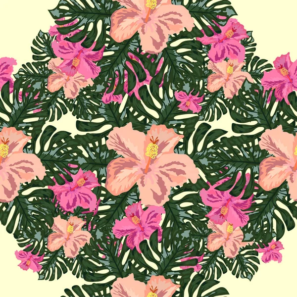 Exotisches Nahtloses Muster Mit Tropischen Blättern Und Blüten Auf Schwarzem — Stockvektor