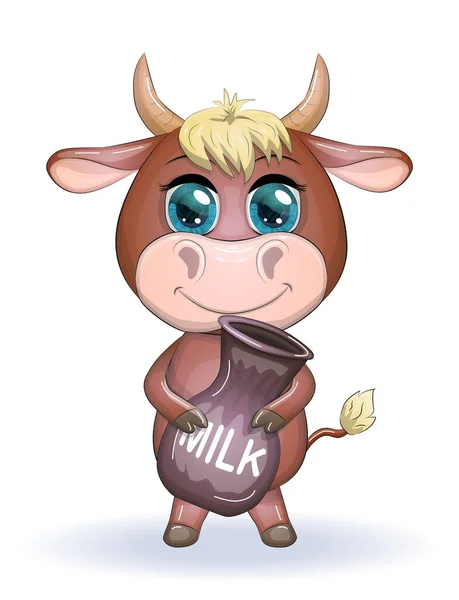 Mignonne Vache Dessin Animé Taureau Avec Une Cruche Lait Symbole — Image vectorielle