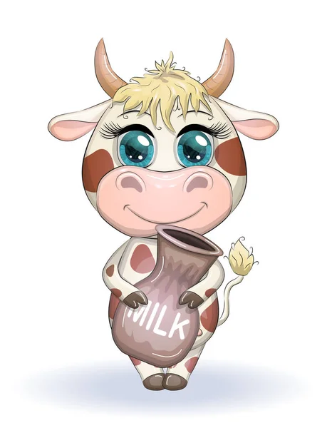 Mignonne Vache Dessin Animé Taureau Avec Une Cruche Lait Symbole — Image vectorielle