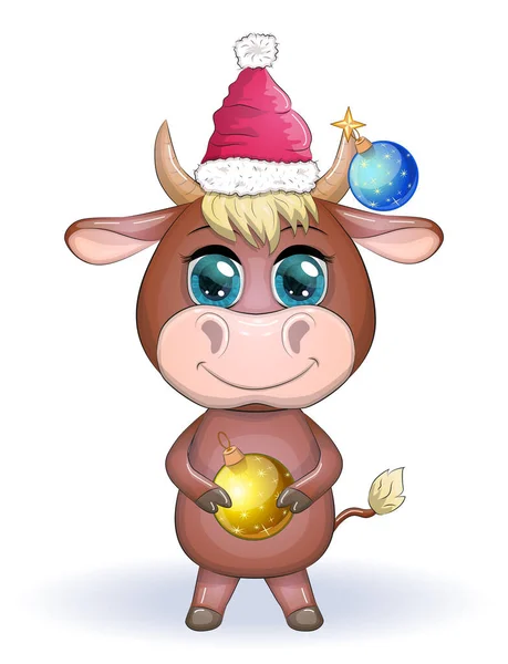 Mignonne Vache Dessin Animé Taureau Avec Une Boule Noël Chapeau — Image vectorielle