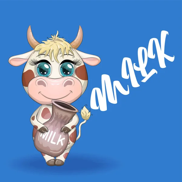 Jolie Vache Dessin Animé Avec Une Cruche Lait Symbole 2021 — Image vectorielle