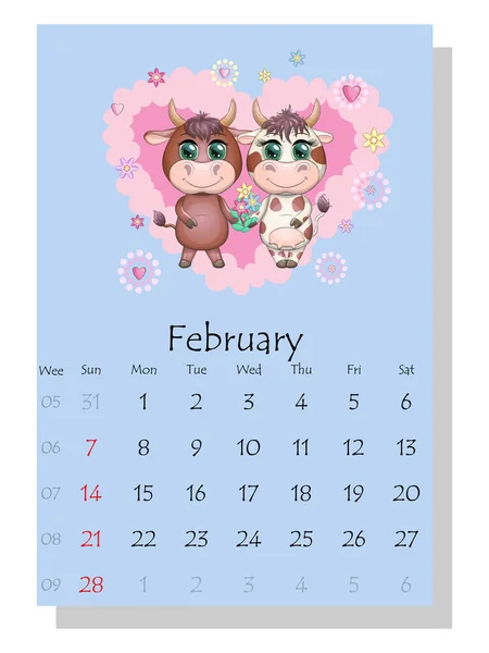 Календарь 2021 Милый Бык Корова Февраль — стоковый вектор