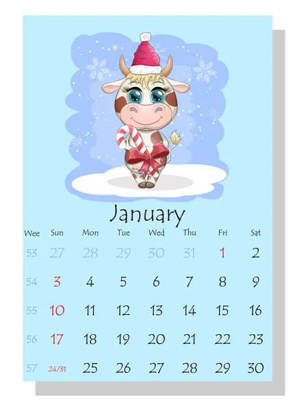 Kalendarium 2021 Söt Tjur Och För Januari — Stock vektor