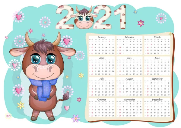 Календар 2021 Року Бик Символ Нового Року Корова Картуна Календар — стоковий вектор