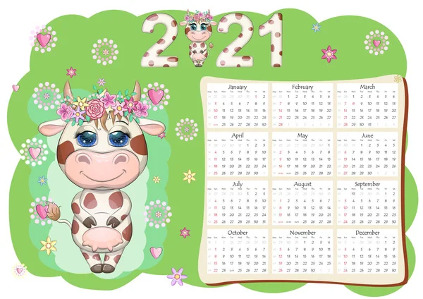 Calendrier 2021 Taureau Est Symbole Nouvelle Année Vache Cartoon Horoscope — Image vectorielle