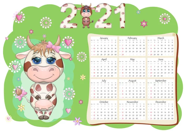 Calendrier 2021 Taureau Est Symbole Nouvelle Année Vache Cartoon Horoscope — Image vectorielle