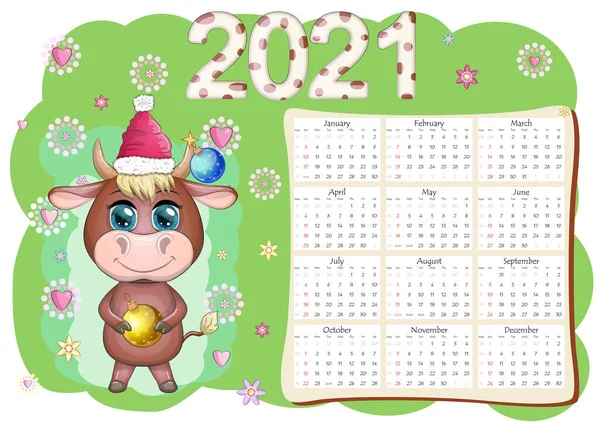 Takvim 2021. Boğa yeni yılın sembolü, Çizgi film ineği. Çin yıldız falı takvimi. Hafta pazar günü başlıyor..