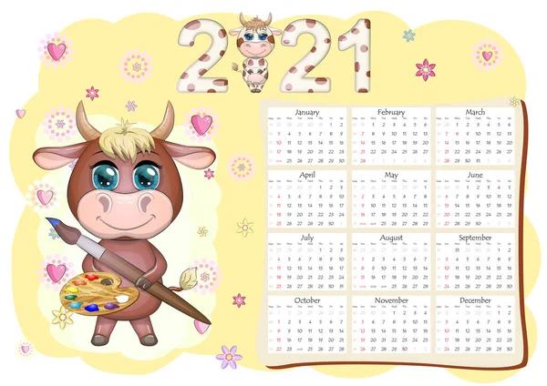 Kalender 2021 Stier Een Symbool Van Het Nieuwe Jaar Cartoon — Stockvector