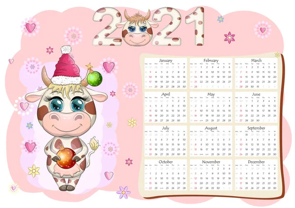 Calendrier 2021 Taureau Est Symbole Nouvelle Année Vache Cartoon Horoscope — Image vectorielle