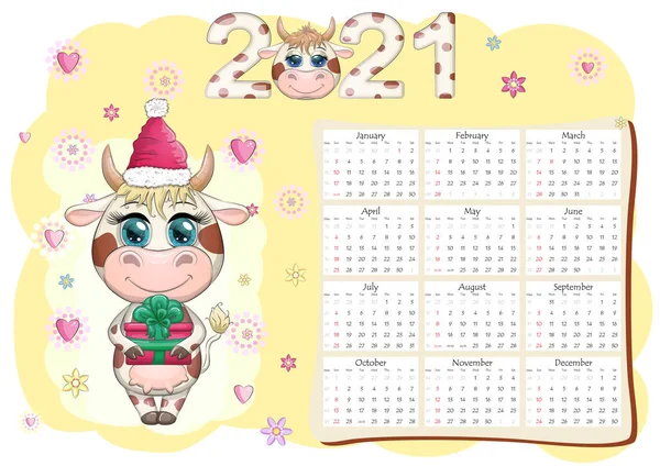 Calendrier 2021 Taureau Est Symbole Nouvelle Année Vache Cartoon Horoscope — Image vectorielle