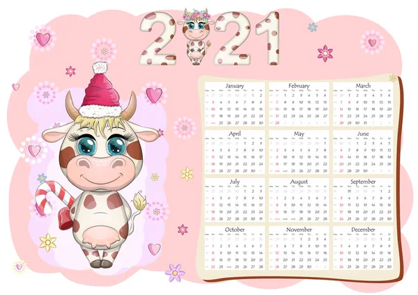 Calendario 2021 Toro Simbolo Del Nuovo Anno Mucca Dei Cartoni — Vettoriale Stock