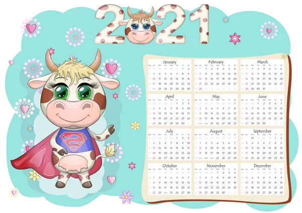 Calendrier 2021 Taureau Est Symbole Nouvelle Année Vache Cartoon Horoscope — Image vectorielle