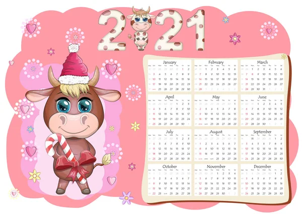 Календар 2021 Року Бик Символ Нового Року Корова Картуна Календар — стоковий вектор