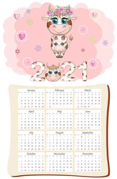 Witte Kalender Planner Voor 2021 Met Kawaii Cartoon Stier Stier — Stockvector