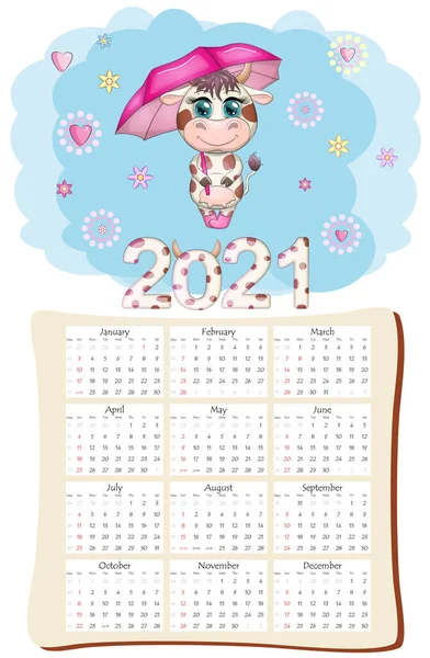 Calendario Planificador Bueyes Blancos Para 2021 Con Toro Dibujos Animados — Archivo Imágenes Vectoriales