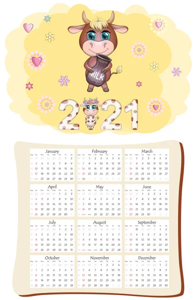 Calendrier Planificateur Bœuf Blanc Pour 2021 Avec Taureau Dessin Animé — Image vectorielle