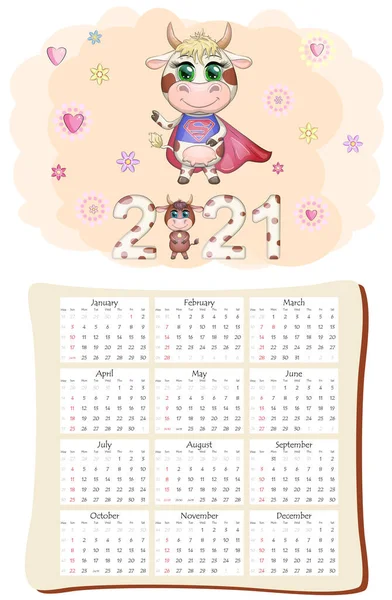 Witte Kalender Planner Voor 2021 Met Kawaii Cartoon Stier Stier — Stockvector