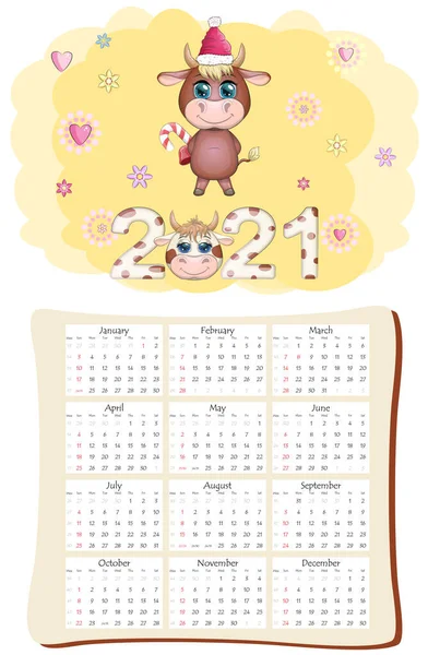 Calendrier Planificateur Bœuf Blanc Pour 2021 Avec Taureau Dessin Animé — Image vectorielle