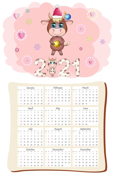 Vit Kalender Eller Planerare För 2021 Med Kawaii Tecknad Tjur — Stock vektor