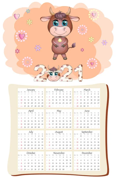 Белый Календарь Календарь 2021 Год Мультяшным Быком Быком Коровой Новогодним — стоковый вектор