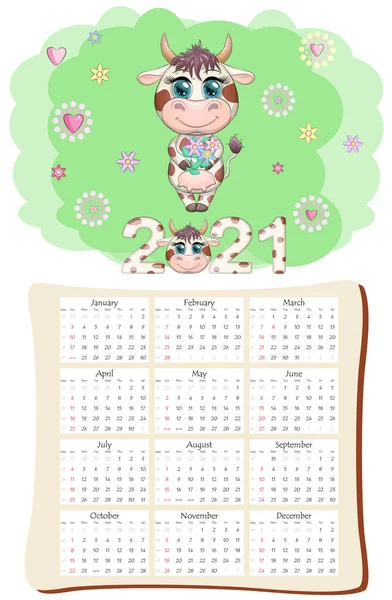 Calendrier Planificateur Bœuf Blanc Pour 2021 Avec Taureau Dessin Animé — Image vectorielle