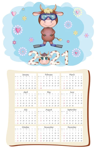 Calendario Planificador Bueyes Blancos Para 2021 Con Toro Dibujos Animados — Archivo Imágenes Vectoriales