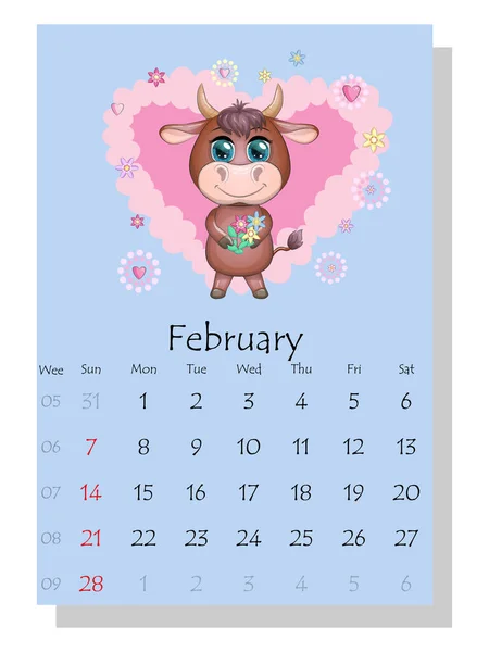 Kalendarz 2021 Cute Byk Krowa Luty — Wektor stockowy