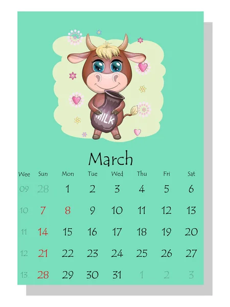 Kalendář 2021 Roztomilý Býk Kráva Březen — Stockový vektor
