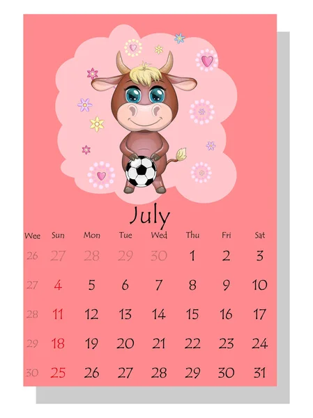 Calendario 2021 Toro Lindo Vaca Para Julio — Archivo Imágenes Vectoriales