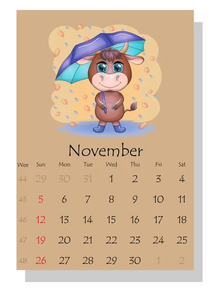 Kalendarz 2021 Cute Byk Krowa Listopad — Wektor stockowy