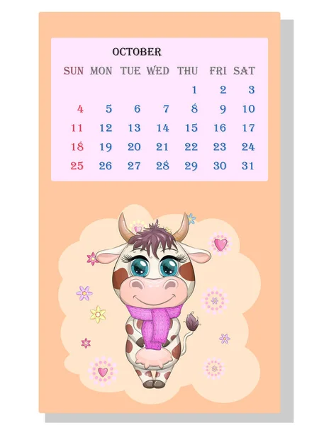 Kalendarz 2021 Cute Byk Krowa Październik — Wektor stockowy