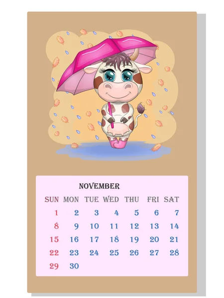 Calendario 2021 Lindo Toro Vaca Para Noviembre — Vector de stock