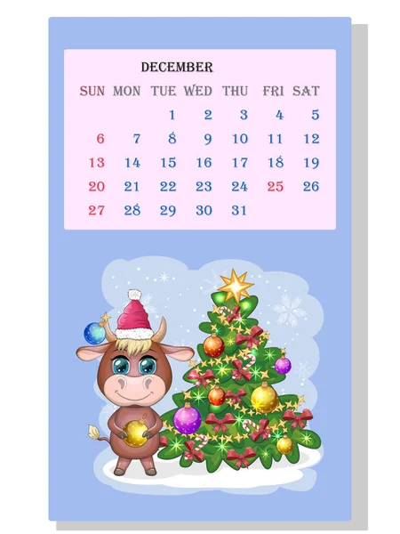Calendar 2021 Cute Bull Cow Month December — Stock Vector