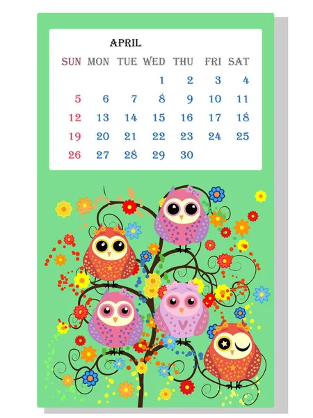 Calendar 2021 Cute Owls Birds April — Stock Vector