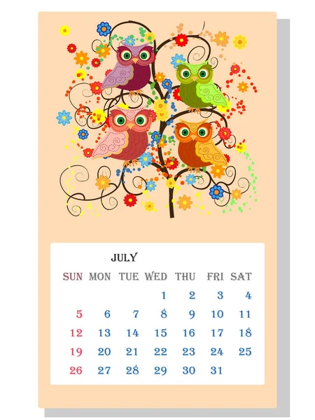 Kalendář 2021 Roztomilé Sovy Ptáci Červenec — Stockový vektor