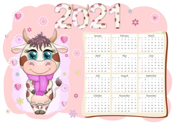 Calendar 2021 Bull Symbol New Year Cartoon Cow Chinese Horoscope Stock Vector