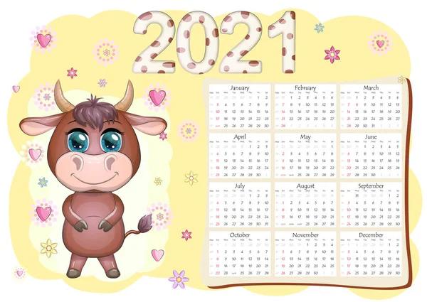 Calendar 2021 Bull Symbol New Year Cartoon Cow Chinese Horoscope Stock Illustration