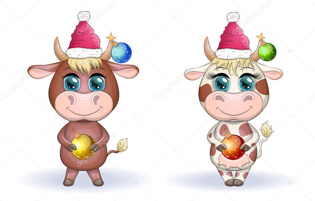 Cute cartoon cow, bull with a Christmas ball and a red Santa Claus hat, symbol 2021 on the eastern calendar