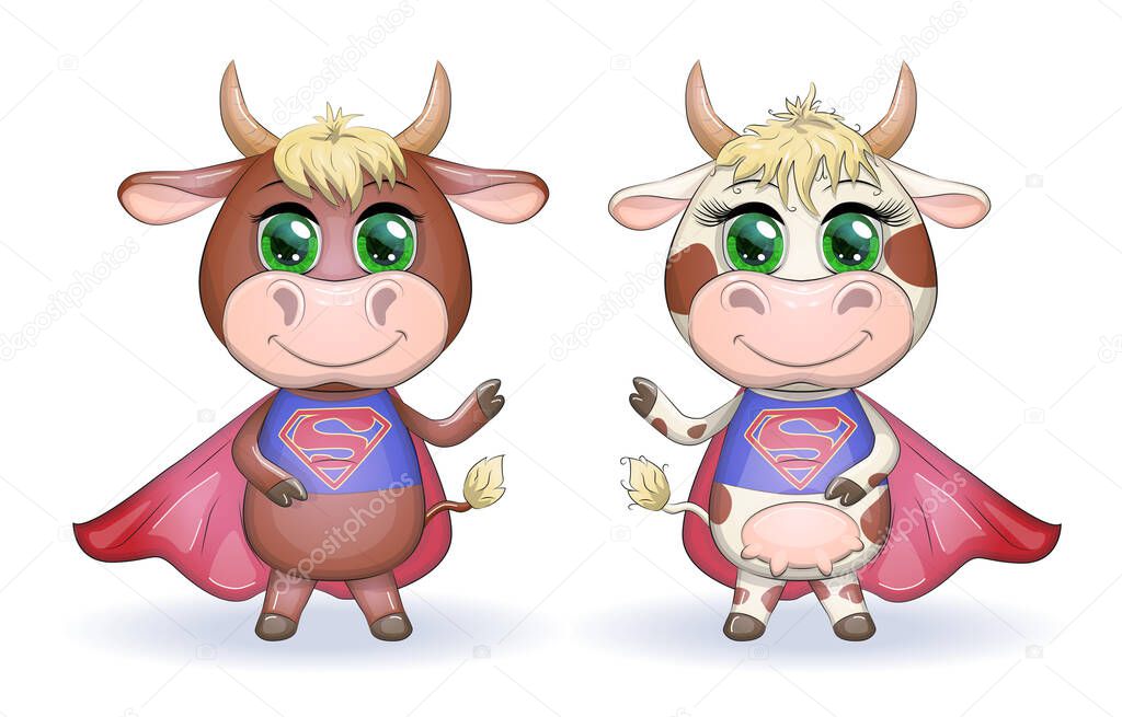 Cute cartoon cow, bull in a costume of Superman with a red cloak, symbol 2021 on the eastern calendar.